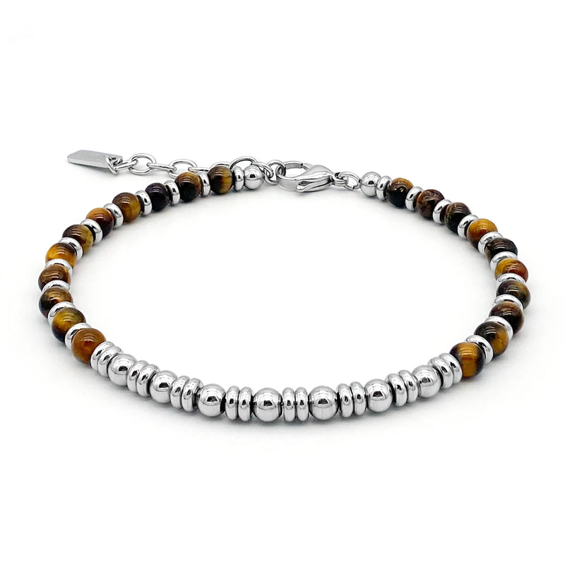 Men?s Tiger Eye Bead Bracelet 4mm Stainless Steel Adjustable Size