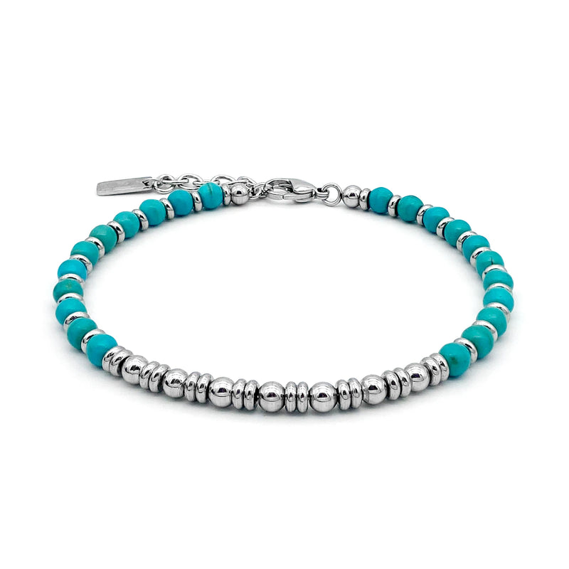 Turquoise Stone Beads Bracelet Men 4mm Stainless Steel Adjustable Size