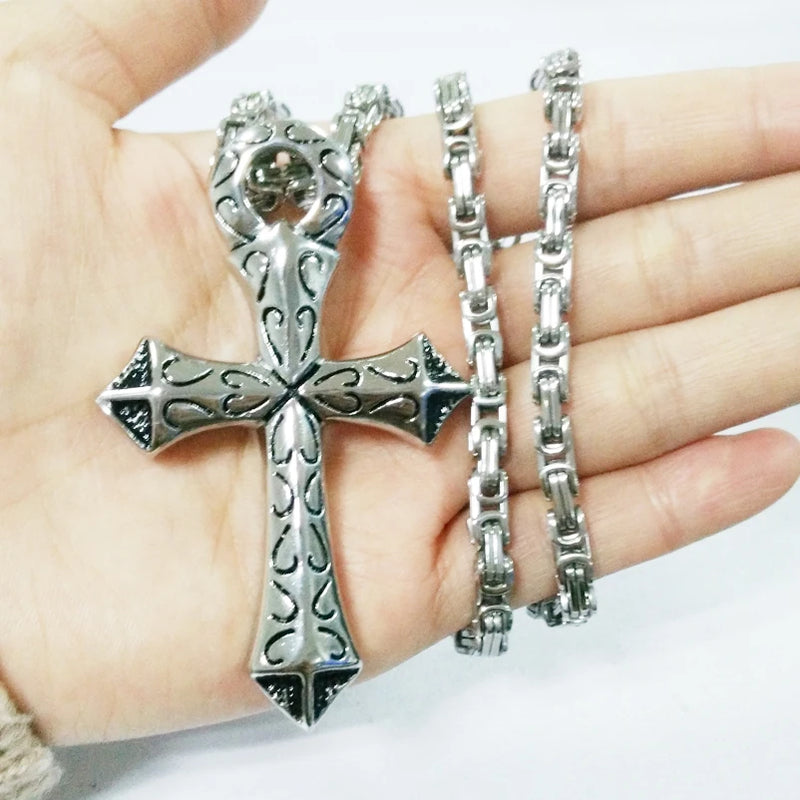 Runic Cross Pendant Necklace Silver Stainless Steel Byzantium Box Chain