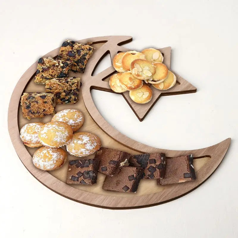 Wooden Crescent Moon Star Eid Ramadan Party Serving Tray