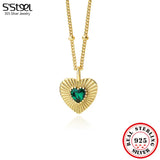 925 Silver Love Heart Green Zircon Pendant Necklace Vintage Acessorios Jewelry