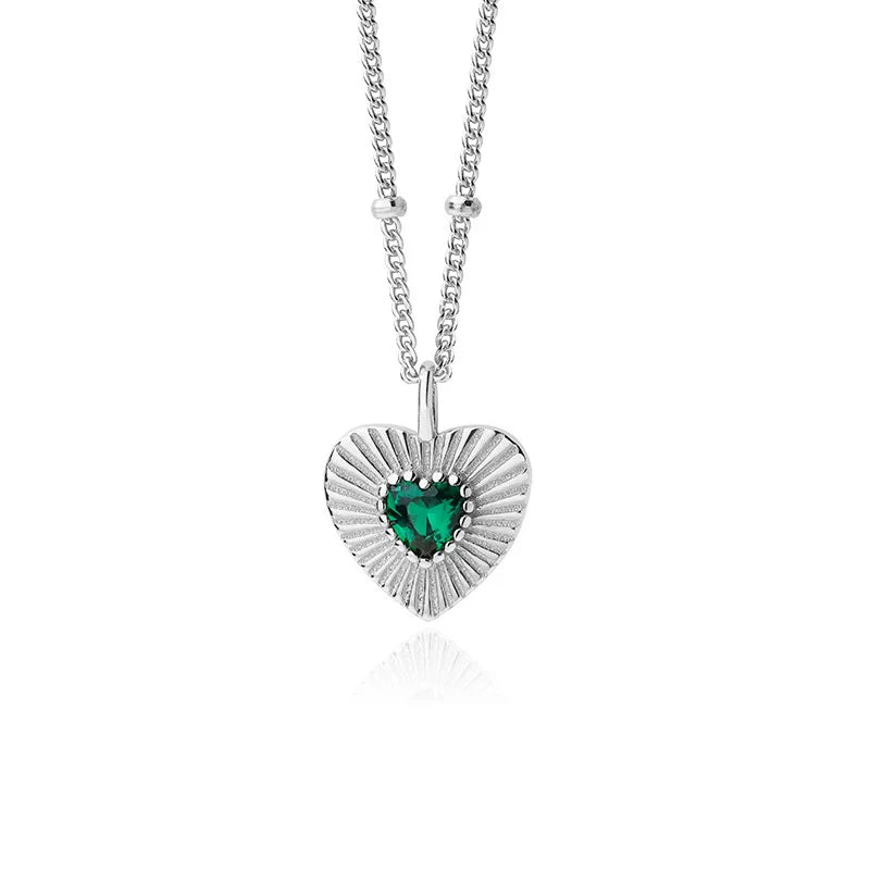 925 Silver Love Heart Green Zircon Pendant Necklace Vintage Acessorios Jewelry