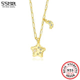 S'STEEL 925 Silver Zircon Moon Star Pendant Necklaces For Women