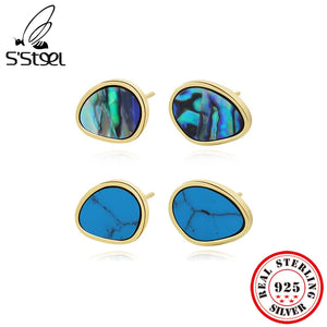 925 Silver Abalone Shell Stud Earrings Turquoise Women's Hypoallergenic Jewelry