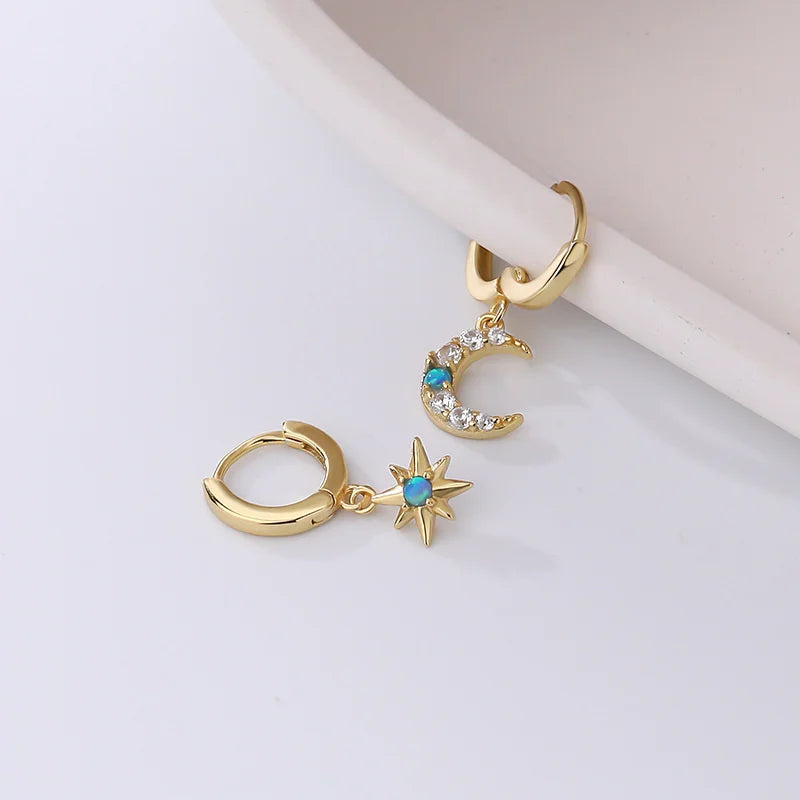 925 Silver Star Moon Zircon Opal Earrings Women Vintage Jewelry