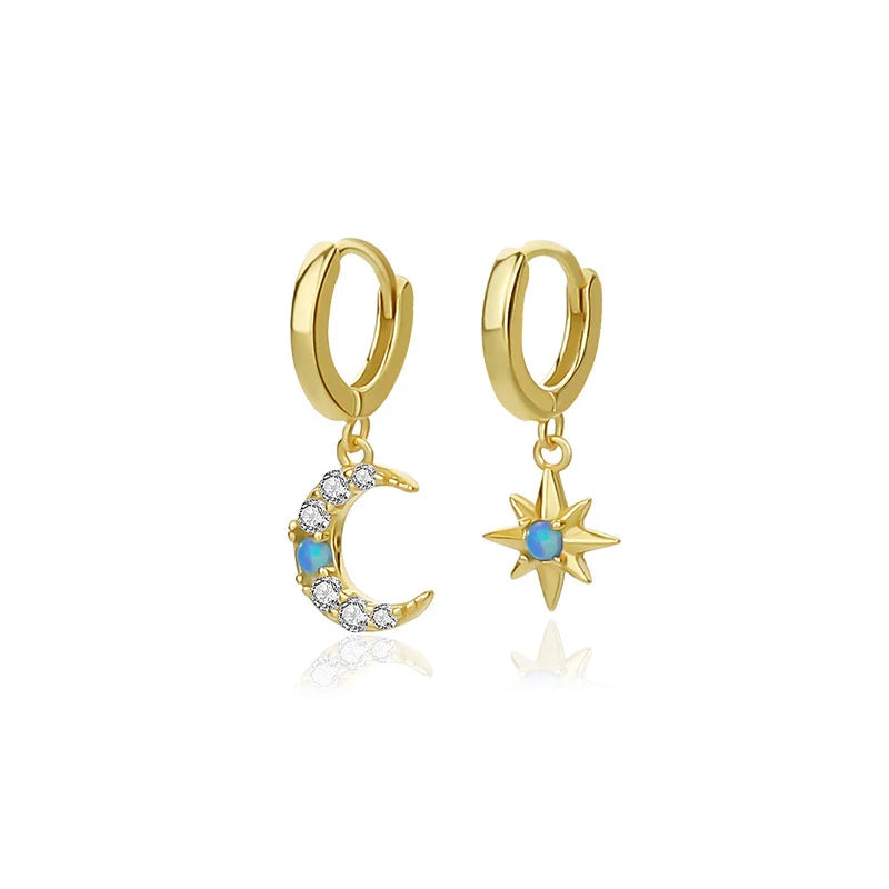 925 Silver Star Moon Zircon Opal Earrings Women Vintage Jewelry