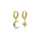 925 Silver Star Moon Zircon Opal Earrings Women Vintage Jewelry