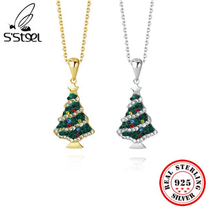 925 Silver Christmas Tree Necklace Colorful Zircon Women Jewelry
