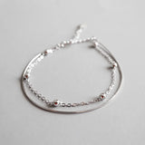 925 Silver Double Layer Charms Bracelet for Women Round Bead Snake Chain