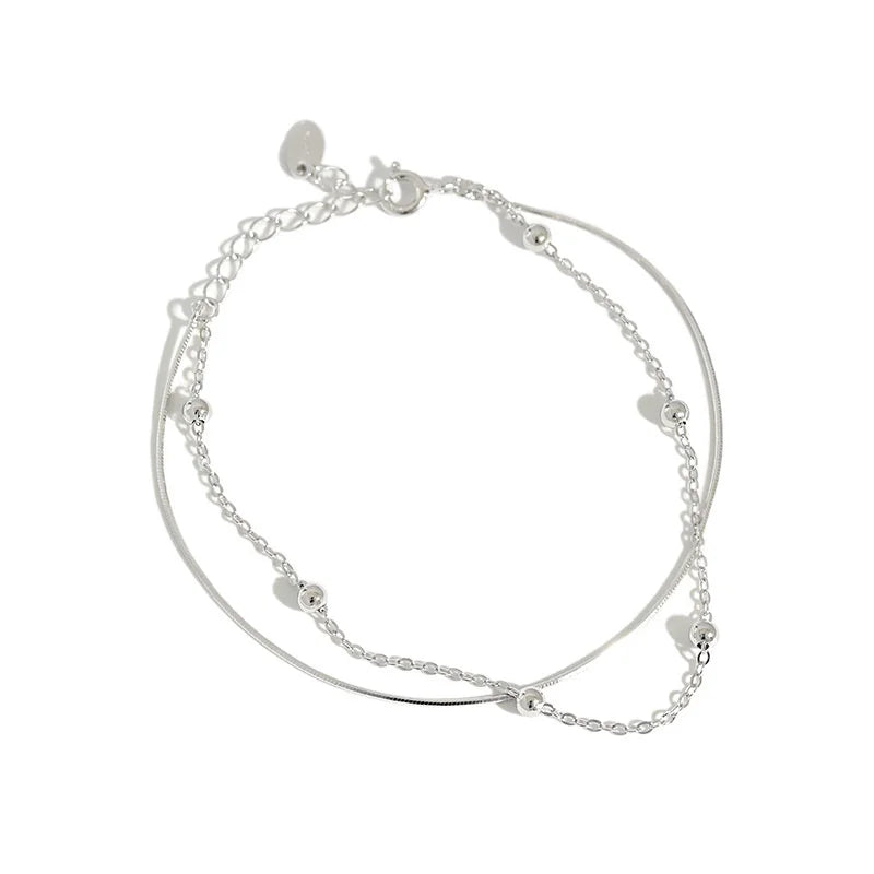 925 Silver Double Layer Charms Bracelet for Women Round Bead Snake Chain