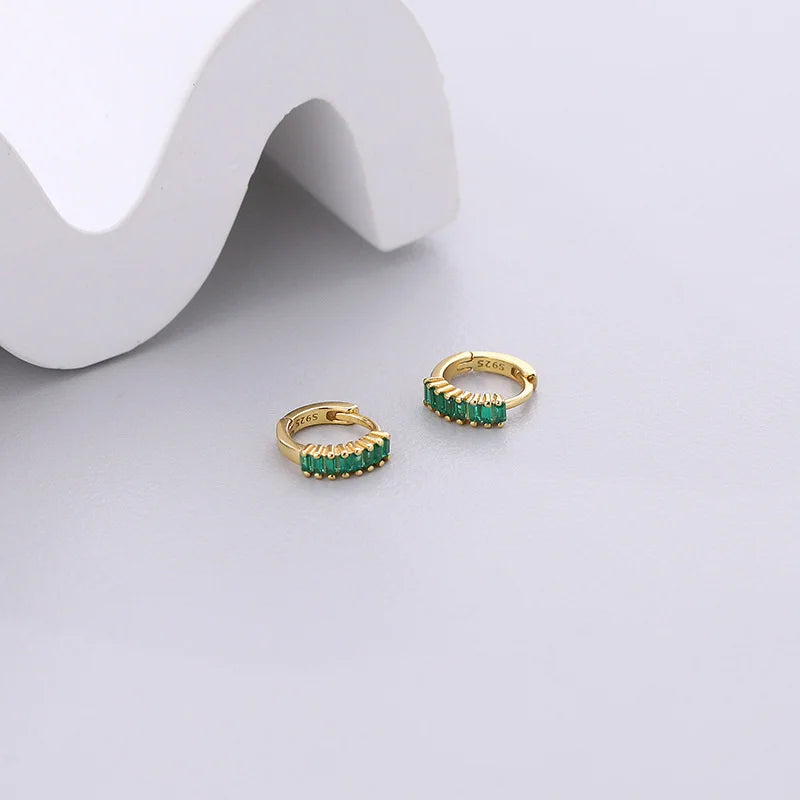 925 Sterling Silver Hoop Earrings Green Zircon Huggie Small Earring