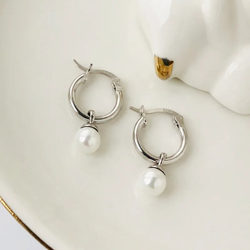 925 Sterling Silver Hoop Earrings Shell Pearl Earings Pendientes Plata