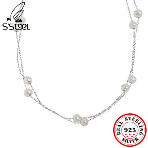 925 Silver Layered Necklaces Freshwater Pearl Chains Fine Jewelry