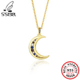 925 Sterling Silver Moon Pendant Necklace Zircon Chains Collar