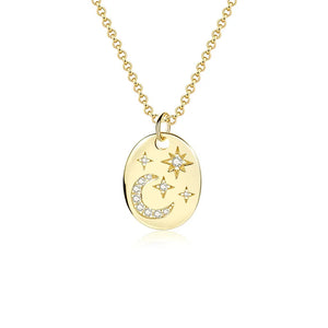 925 Silver Star Moon Pendant CZ Necklace Women Gift