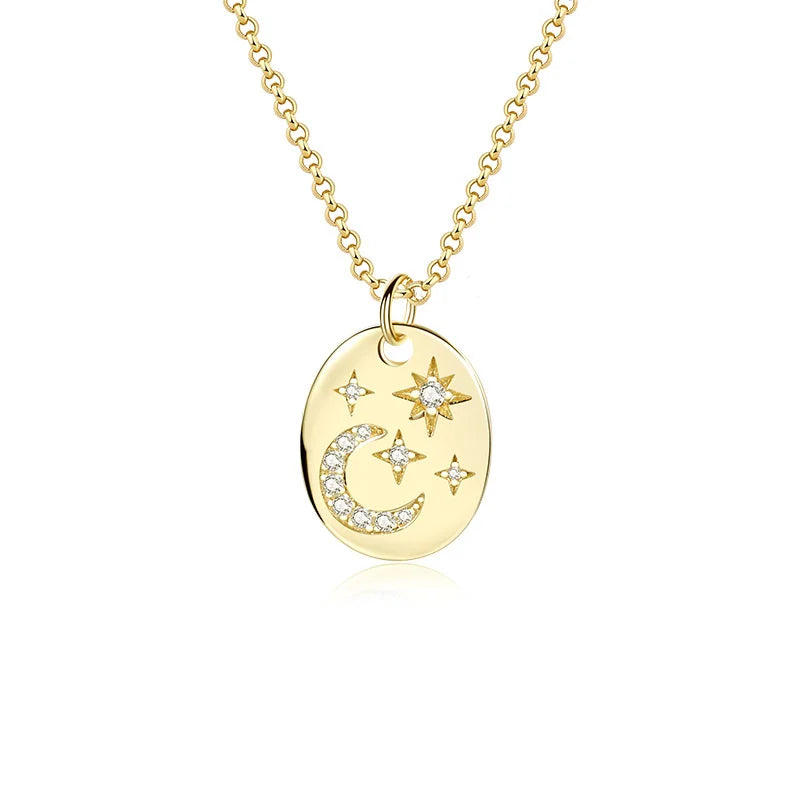 925 Silver Star Moon Pendant CZ Necklace Women Gift