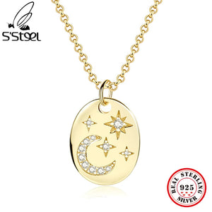 925 Silver Star Moon Pendant CZ Necklace Women Gift