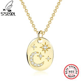 925 Silver Star Moon Pendant CZ Necklace Women Gift