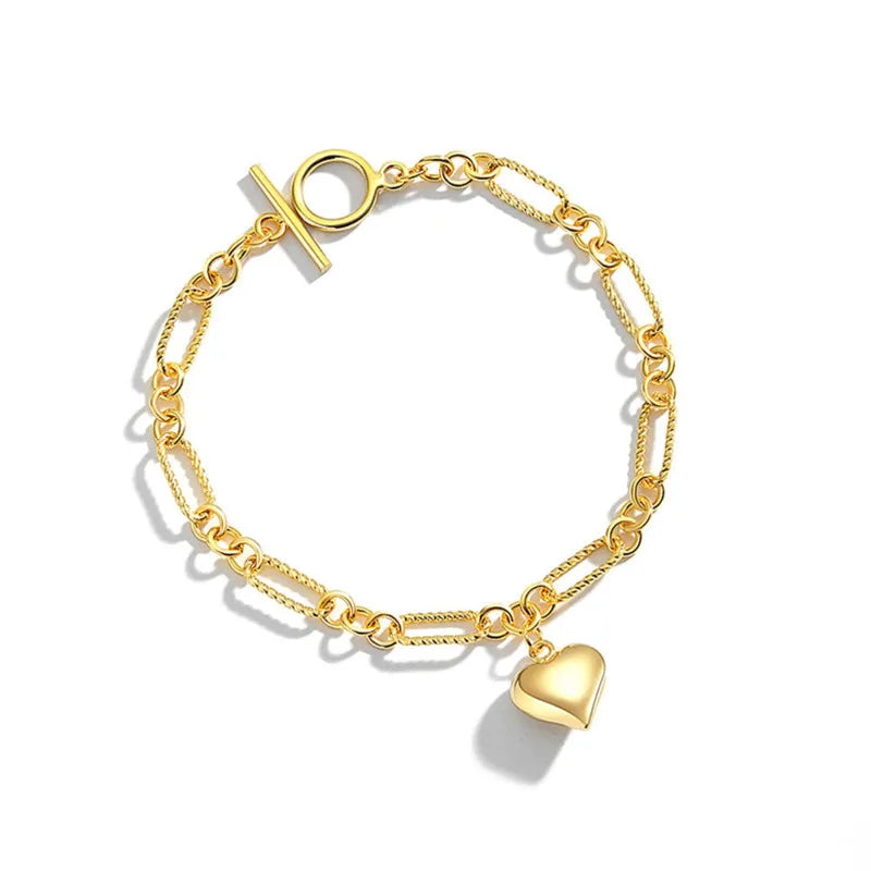 925 Sterling Silver Heart Charms Bracelet with OT Clasp Chain - Gift for Women