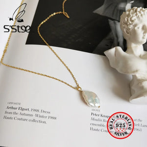 Baroque Pearl Necklace 925 Sterling Silver Women Pendants Collares De Perlas