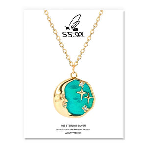 Moon Star Zircon Pendant Necklace 925 Sterling Silver