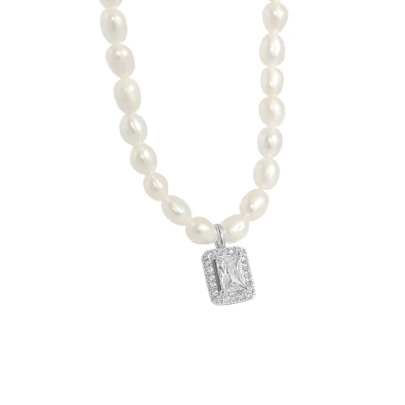 S'STEEL Freshwater Pearl Zircon Pendant Necklace 925 Sterling Silver Jewelry