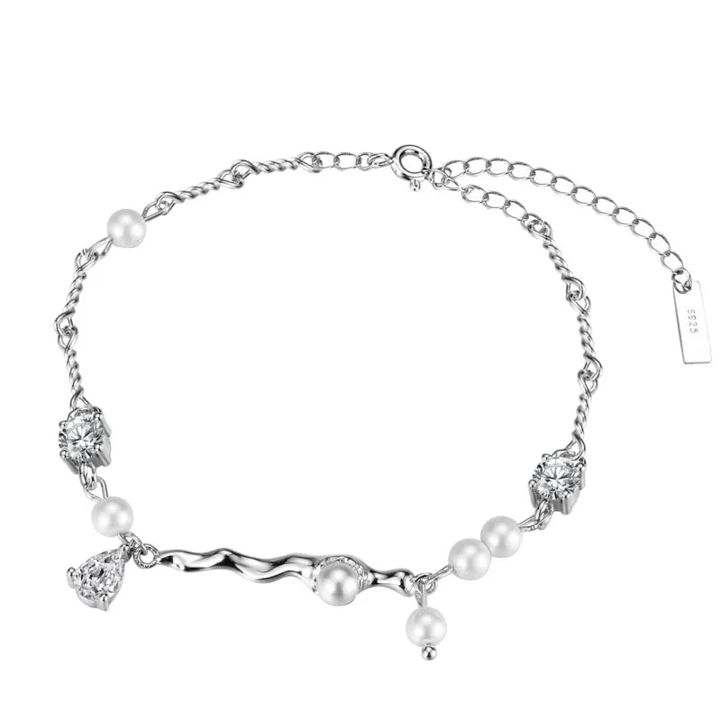 925 Sterling Silver Pearl Zircon Ankle Bracelet for Women Fine Jewelry