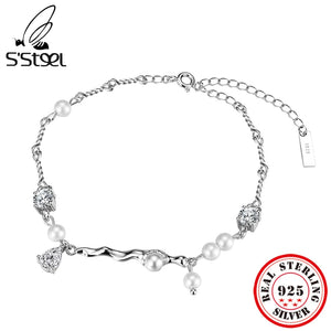 925 Sterling Silver Pearl Zircon Ankle Bracelet for Women Fine Jewelry