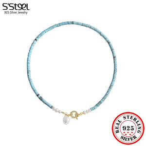 Baroque Pearl Turquoise Necklace Girls Sterling Silver 925 Chain Jewelry