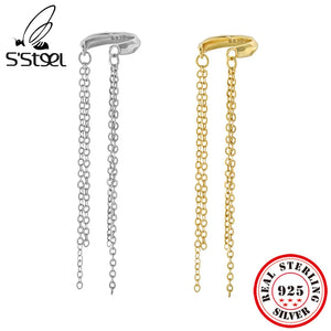925 Silver Chain Tassel Earrings Women Ear Cuff Clip On Fine Jewelry