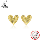 Minimalist Heart Texture Stud Earrings 925 Sterling Silver Style Jewelry