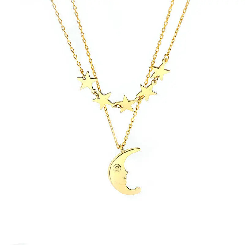 925 Silver Star Moon Necklace Double Layer Pendant