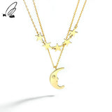 925 Silver Star Moon Necklace Double Layer Pendant