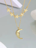 925 Silver Star Moon Necklace Double Layer Pendant