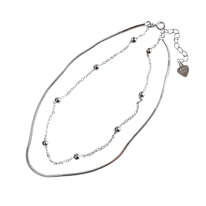 925 Silver Round Bead Anklets Double Layer Chain Anklet