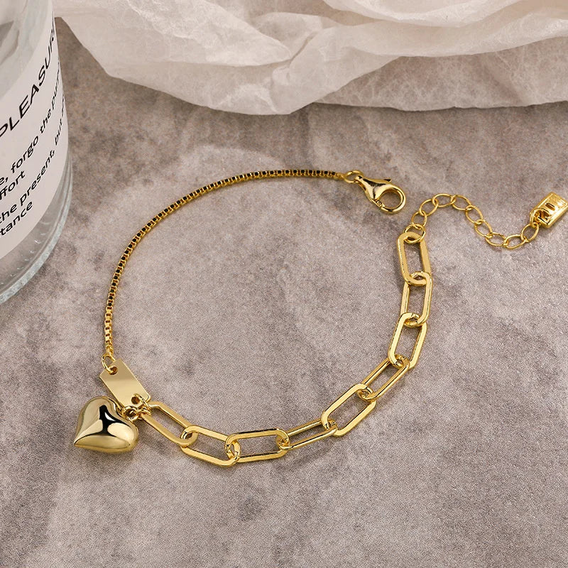 925 Silver Heart Chain Bracelet Minimalist Gothic Jewelry