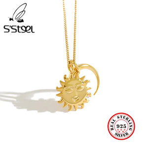 925 Sterling Silver Sun Or Moon Pendant Sweater Chain Necklace