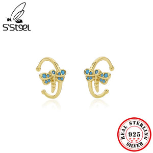 925 Silver Turquoise Dragonfly Earrings Zircon Earcuff Clip On Earings