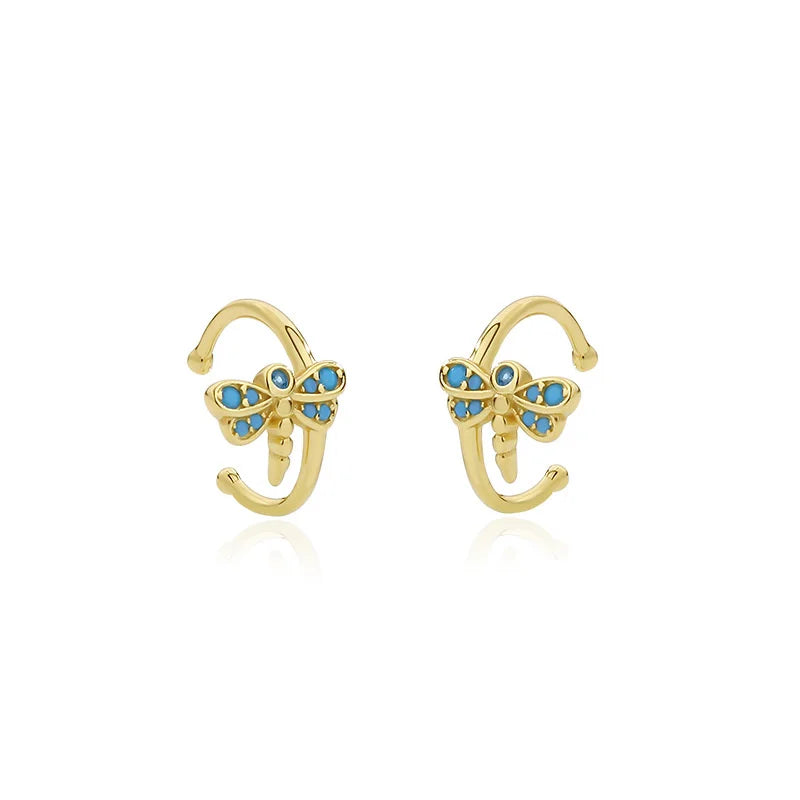925 Silver Turquoise Dragonfly Earrings Zircon Earcuff Clip On Earings