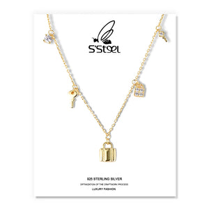 Sterling Silver Zircon Lock Shape Pendant Necklace for Women