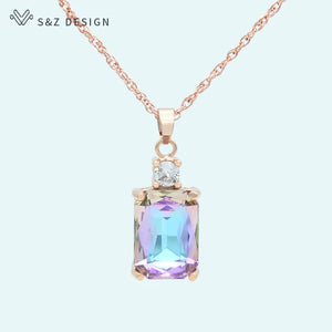Square Crystal 585 Rose Pendant Necklace for Women Wedding Party Jewelry