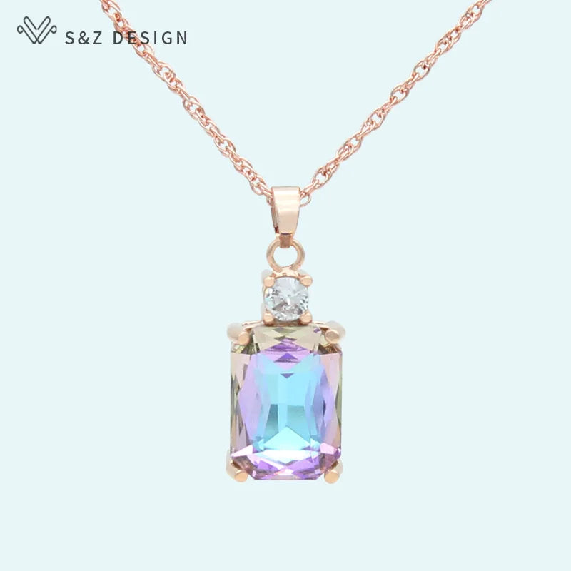 Square Crystal 585 Rose Pendant Necklace for Women Wedding Party Jewelry