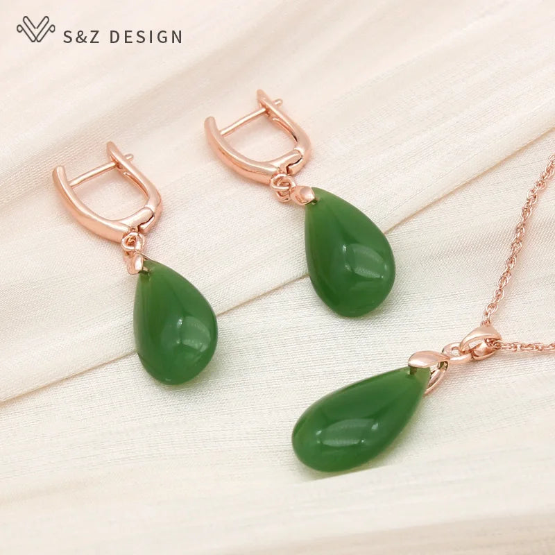 S&Z 585 Rose Water Drop Dangle Earrings & Pendant Necklace Set