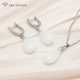 S&Z 585 Rose Water Drop Dangle Earrings & Pendant Necklace Set