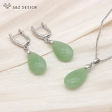 S&Z 585 Rose Water Drop Dangle Earrings & Pendant Necklace Set