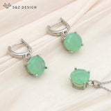 S&Z Round Green Opal Drop Earrings & Necklace Set