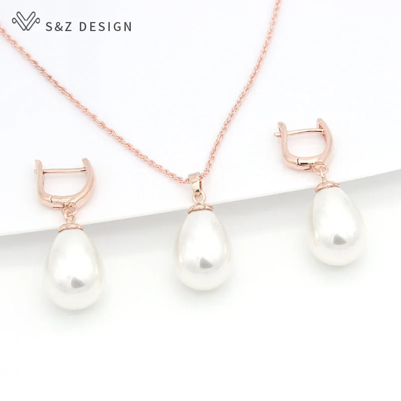 S&Z Pearls Water Drop Earrings 585 Rose Jewelry Sets For Women Wedding Party
