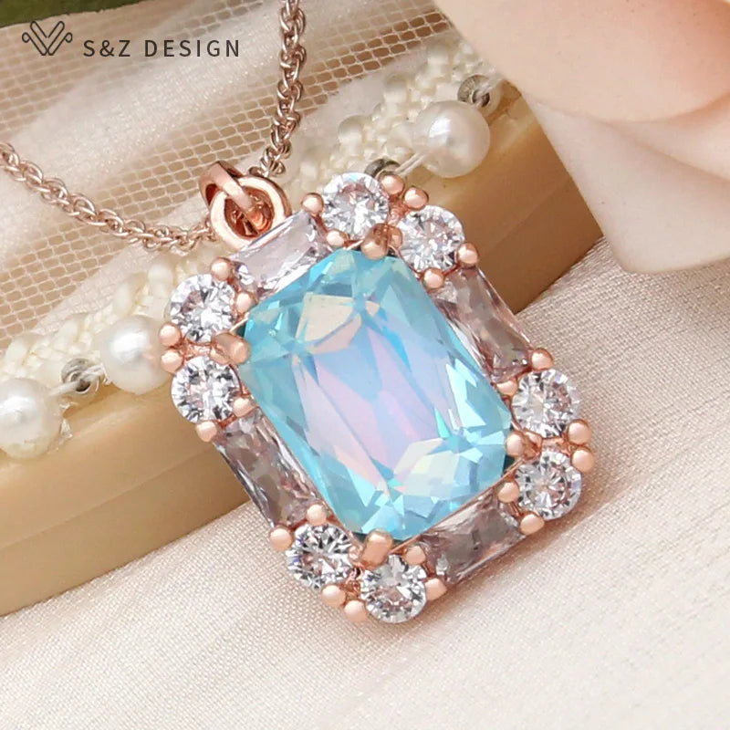 S&Z Crystal Pendant Necklace 585 Rose Wedding CZ Jewelry
