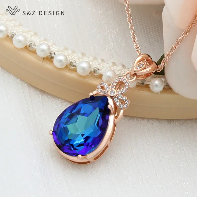 CZ Water Drop Crystal 585 Rose Necklace Wedding Jewelry
