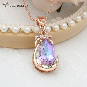 CZ Water Drop Crystal 585 Rose Necklace Wedding Jewelry